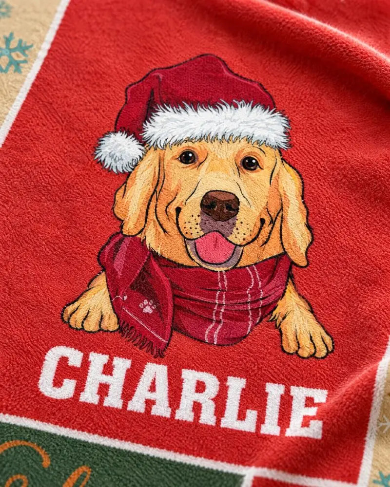 Close-up of the blanket: a golden retriever in a Santa hat and scarf above the name CHARLIE