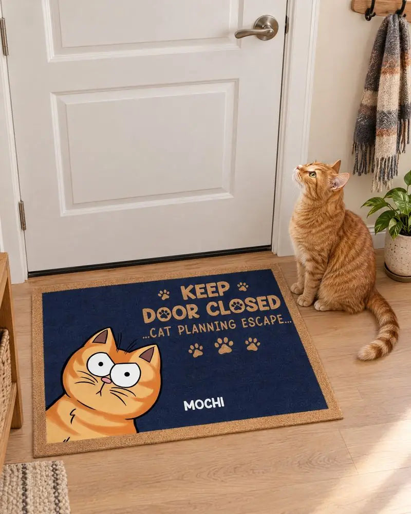 Orange cat by the front door next to a personalized doormat that says Keep door closed, cat planning escape