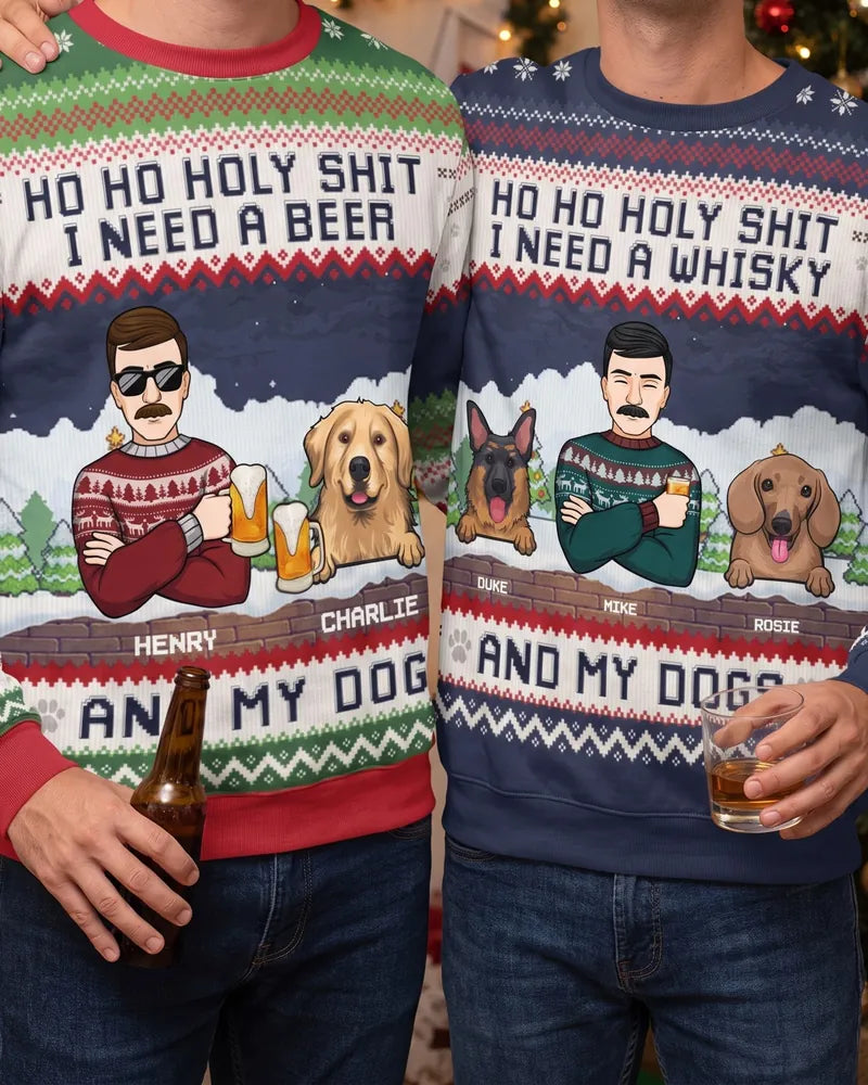 Two friends in matching ugly Christmas sweatshirts, one green and one navy, each printed with their own dogs and names