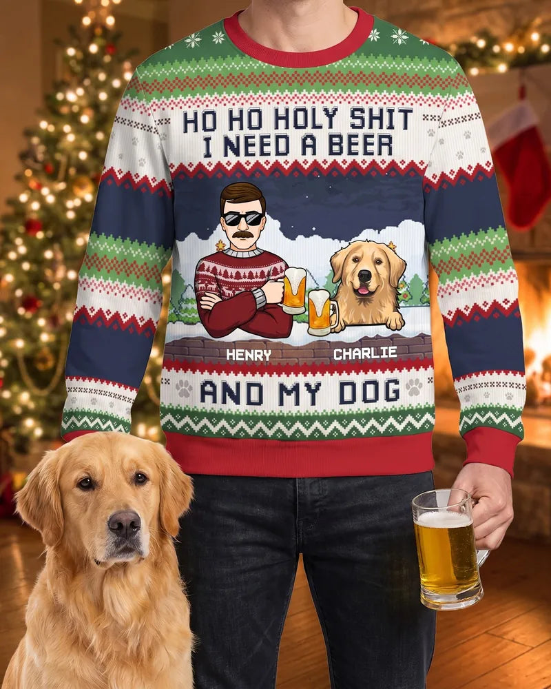 A man in the ugly Christmas sweatshirt printed with him, his golden retriever and their names, standing next to his dog